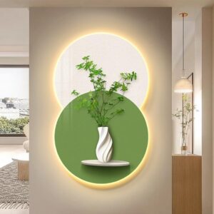 Wall Hanging Mural, Wall Sculptures Art with LED Light, 3D Art Green Planter Picture Wall for Home, Living Room, Bedroom